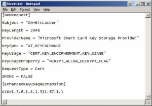 Datoteka s parametri, ki jo potrebujemo za tvorbo lastnega certifikata za šifriranje v BitLockerju.